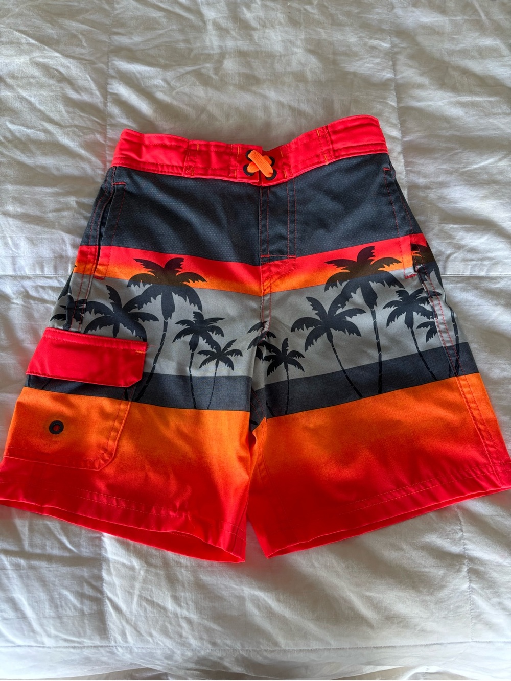 Wonder Nation Boys Board Shorts Swim Trunks Orange/Gray Palm Trees Lined 6-7